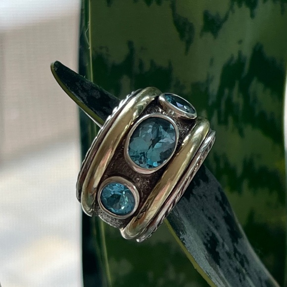 DAVID YURMAN Sterling Silver 14K Yellow Gold Blue Topaz Renaissance Ring Size 7 - Picture 6 of 10